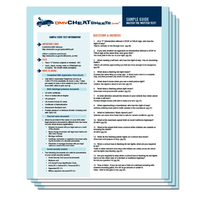 Dmv written test cheat sheet california