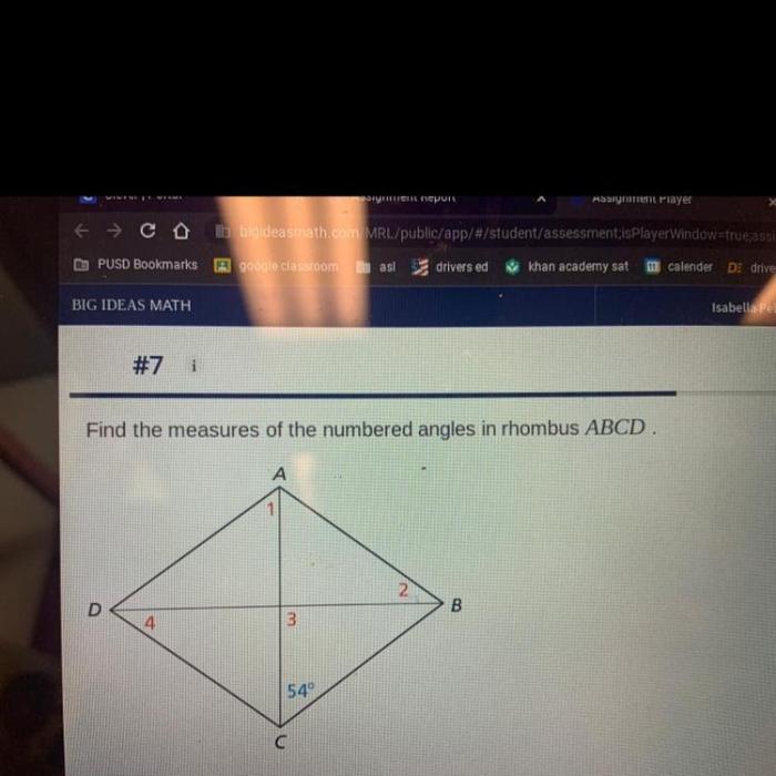 Find the measures of the numbered angles in rhombus abcd