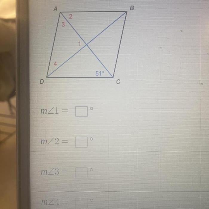 Find the measures of the numbered angles in rhombus abcd